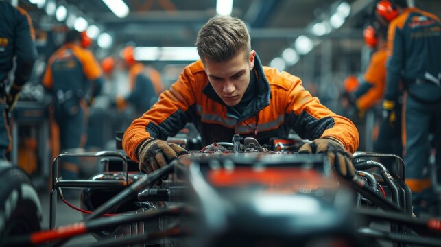 Young man in colorful uniform, mechanics adjusting race car components, fixing and preparing care for upcoming races.