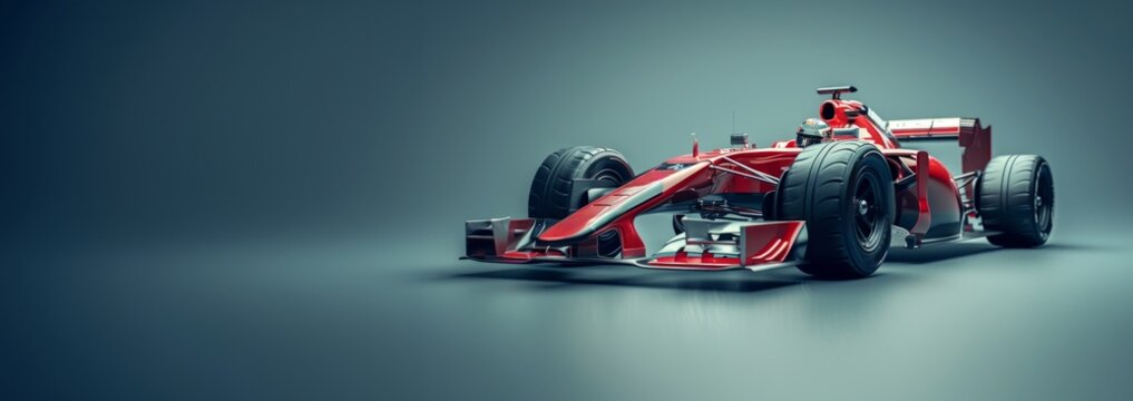 Red formula race car against gray background. Marketing materials for a high-performance racing brand.