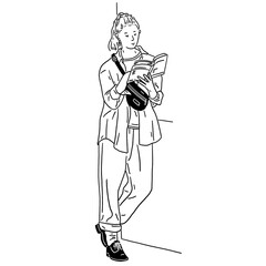 Young woman standing read a book Casual style city People Hand drawn line art Illustration