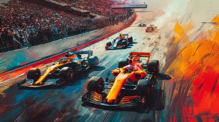 Foto op Canvas Formula One race cars during competition outdoors, riding roads on daytime. Watercolor art © master1305