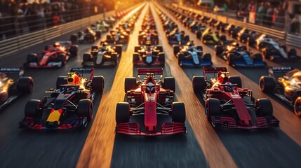 Formula One race cars standing in a line during competition outdoors, riding roads on sunset.