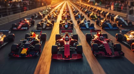 Tuinposter Formula One race cars standing in a line during competition outdoors, riding roads on sunset. © master1305