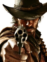 A close-up image of a Wild-West cowboy aiming a gun at the viewer.