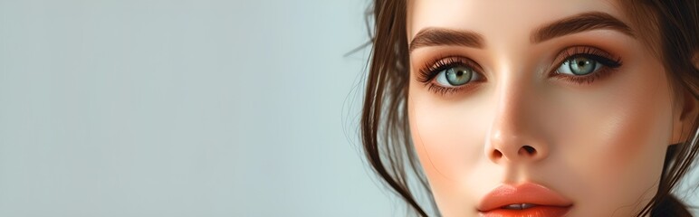 Naklejka premium A beautiful brunette woman with green eyes and make-up, cosmetics background.
