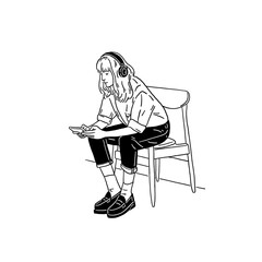 Woman with headphone playing game on smartphone People casual lifestyle Hand drawn line art illustration