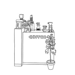 Cafe counter Slow bar Pour over coffee Small shop Hand drawn line art Illustration