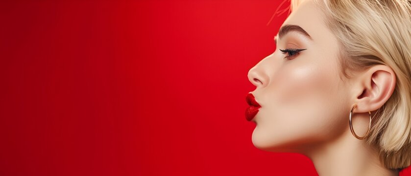 A close-up portrait of a beautiful young blonde woman with luscious red lips blowing a kiss. Red background.