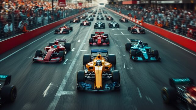 Sport fans cheering up. Formula One race cars during competition outdoors, riding roads on daytime.