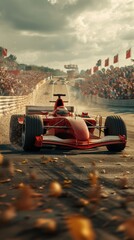 Fast riding racing car during competition round. Blurred background. Formula 1 racing. Champion.