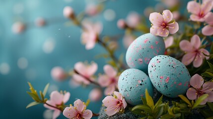 Fototapeta na wymiar Blue easter eggs and flowers
