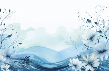 Blue and White Background With Flowers and Leaves