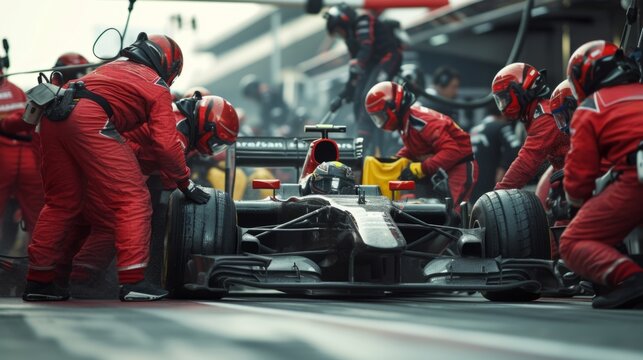 Racing team working at pit stop with racing care during tournament on a daytime
