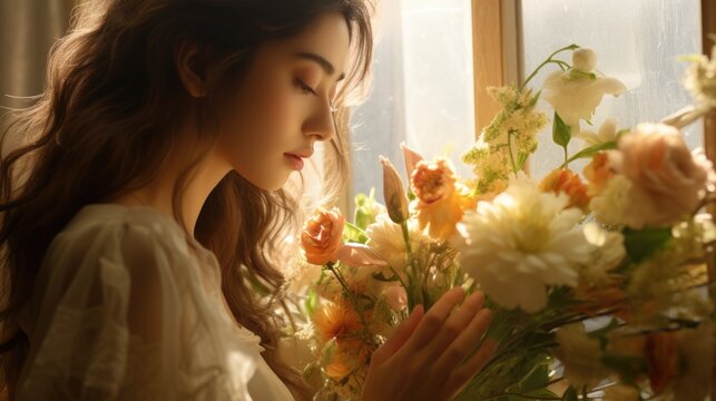 asian female, bridal studio photography with flower bouquet, ai