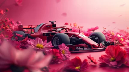 Foto op Canvas Racing car around blooming vibrant lowers against pink background. Promotional banner for upcoming Formula 1 racing event © master1305