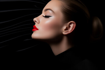 A  photo of a stylish girl's face in profile with glamorous makeup , eyelash extention and red lips - obrazy, fototapety, plakaty