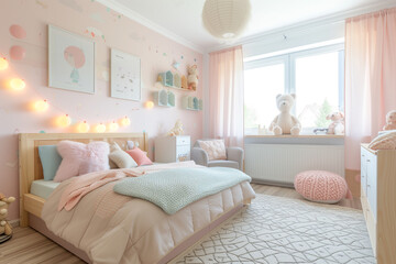 Cute interior pastel kid bedroom with comfortable bed, toy, desk. Children bedroom, Girl room