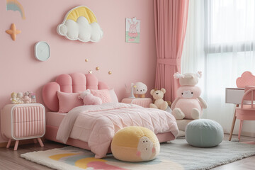 Cute interior pastel kid bedroom with comfortable bed, toy, desk. Children bedroom, Girl room