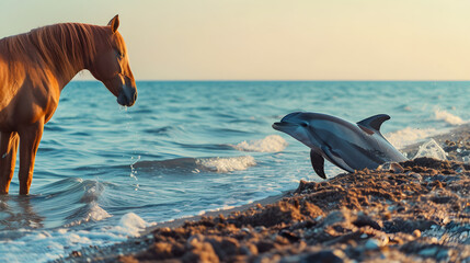 Meeting of a horse and a dolphin on the shore of the blue ocean