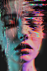 A beautiful female face, glitched and distorted and warped design. Abstract model concept.