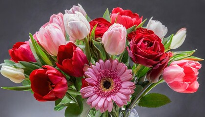 Obraz na płótnie Canvas red and pink flowers isolated on a transparent background floral arrangement bouquet of roses and tulips can be used for invitations greeting wedding card