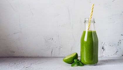 Bottle of fresh green avocado juice with paper straw on gray cement background. Organic and natural beverage.