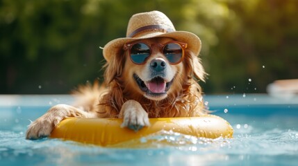 A long-haired dog cat wearing sunglasses and hat is smiling. Perched on a yellow duck-shaped rubber ring. Floating in a pond. - obrazy, fototapety, plakaty