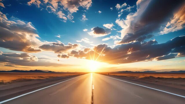 Empty road with beautiful sunset sky abstract background. Travel vacation and freedom concept. Generative ai.	
