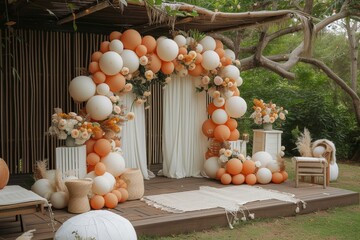 A vibrant outdoor pumpkin patch comes to life with a stunning white and orange balloon arch, nestled among trees, plants, and gourds, adding a touch of whimsy to the autumn landscape