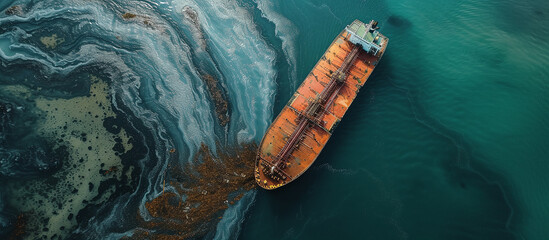Top view of a tanker with spilled oil - obrazy, fototapety, plakaty