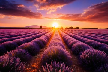 The Sun Sets Over a Lavender Field - obrazy, fototapety, plakaty