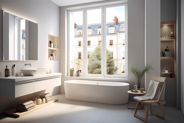 Modern bathroom with large window. Minimalist white room with bathtub, mirror, washbasin and bath accessories
