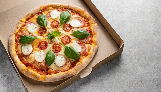 pizza in open carton box isolated on transparent background high angle view with copy space