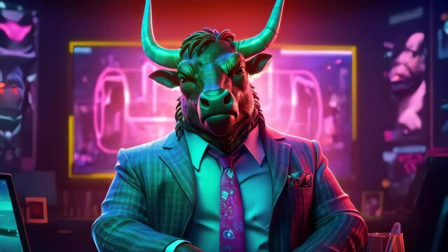 Trader business man suit with bull head sit at office abstract background. Professional and financial concept. Generative ai.