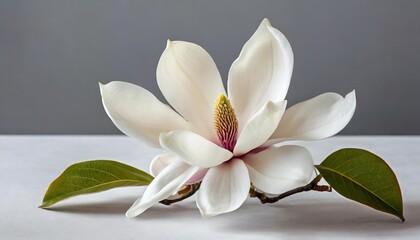 beautiful fresh white magnolia flower in full bloom on white background