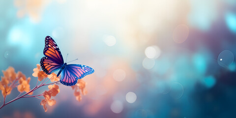 Fototapeta na wymiar butterfly on a flower, Colorful Butterflies, beautiful butterfly background, A blueblue butterfly flutters against the background of green plants, Generative AI