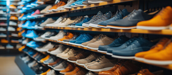  shoes on shelves in a store with copy space