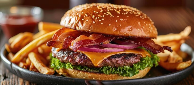 Quick service restaurant sandwich made with meat, cheese, sauce, and pickles.