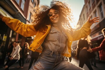 Women dance joyfully in the streets, their exuberance lighting up the urban landscape with vibrant energy and celebration.