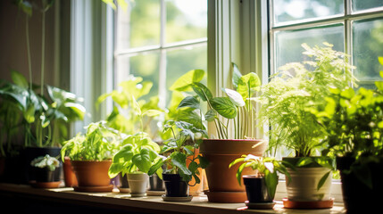 Potted houseplants with green leaves on window sill