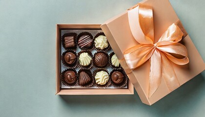 Set of chocolates in open craft box decorated with satin ribbon. Tasty and sweet candies, flat lay.