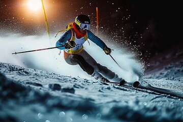 A daring skier gracefully carves through the powdery snow on a steep mountain slope, deftly maneuvering their ski equipment and embracing the exhilaration of outdoor recreation - obrazy, fototapety, plakaty