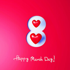 Women's Day background with 3d 8 number and hearts. 3d render.