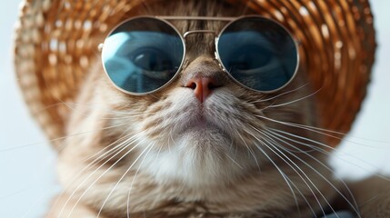  A fat cat wearing Oversized sunglasses and hat is smiling. clean white background. - obrazy, fototapety, plakaty