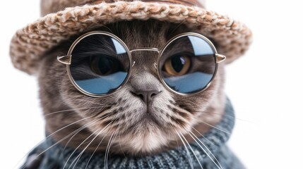 A fat cat wearing Oversized sunglasses and hat is smiling. clean white background. - obrazy, fototapety, plakaty