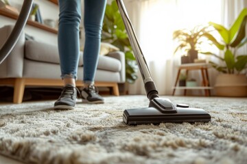 Woman Using Vacuum to Clean Carpet