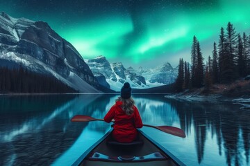 A lone woman glides through the serene waters of a frozen lake, her canoe illuminated by the dancing northern lights, surrounded by towering mountains and the peacefulness of nature - obrazy, fototapety, plakaty