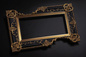 A black and gold picture frame sits on a black background. ai generative