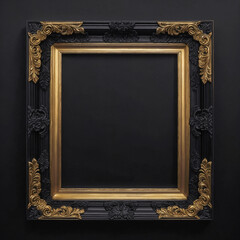 A black and gold picture frame sits on a black background. ai generative