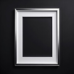 A silver picture frame is hanging on a black wall . ai generative