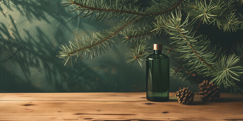 green glass bottle with perfume with a woody forest shade, fir, pine cones on a green background. Concept template of modern, premium perfume, cologne, advertising with place for text - obrazy, fototapety, plakaty